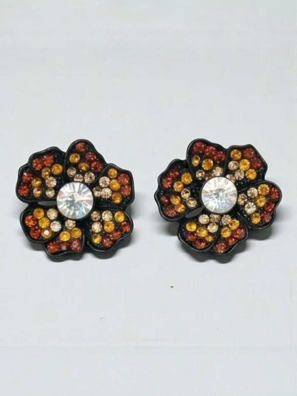 Floral Rhinestone Stud Earrings | Bronze Copper Crystal Flower Statement / NWT